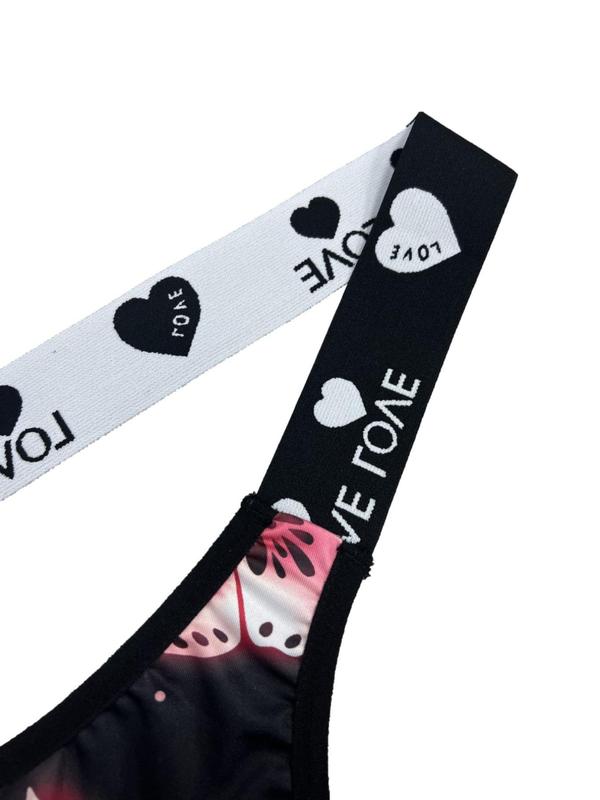  All Over Print Letter Tape Criss Cross Scoop Neck Bra & Panty Set, Casual Comfy Breathable Underwear Set for Daily Wear, Women's Underwear Set for All Seasons